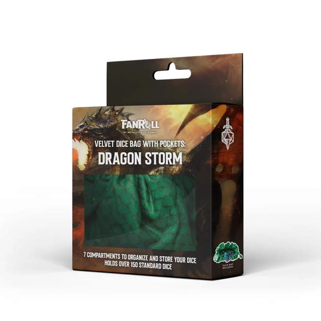 FanRoll Dragon Storm Velvet Dice Bag w/ Pockets - Green Dragon Scales