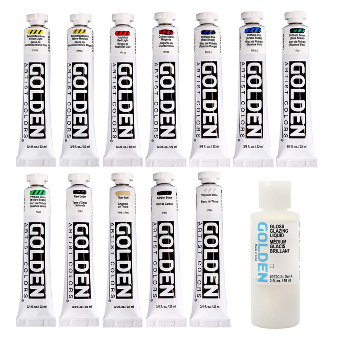 Golden Artist Heavy Body Mixing Set Of 12+2oz Glazing Fluid