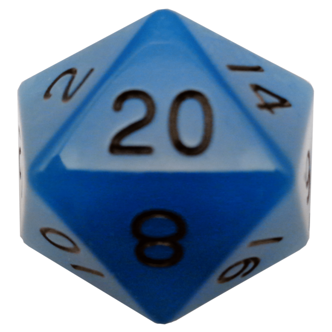 35mm Mega Acrylic D20 - Glow in the Dark - Blue w/ Black Writing