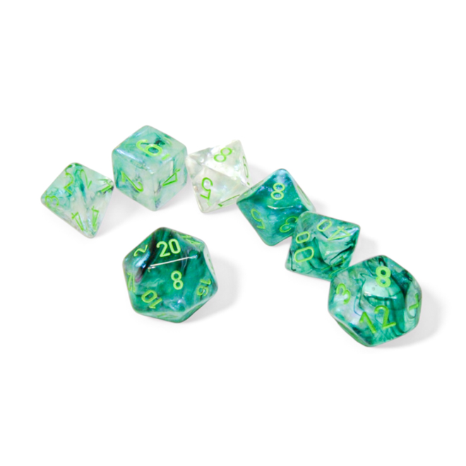 Chessex Polyhedral Dice Set - Borealis: Kelp w/ Light Green Writing - Luminary: Glow In the Dark