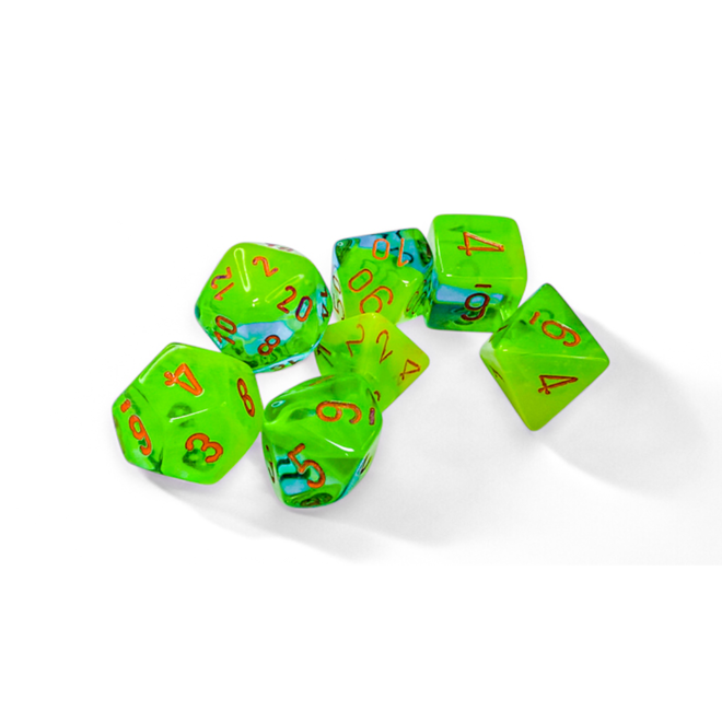 Chessex Polyhedral Dice Set - Gemini: Plasma Green & Teal w/ Orange Writing - Luminary Glow In the Dark