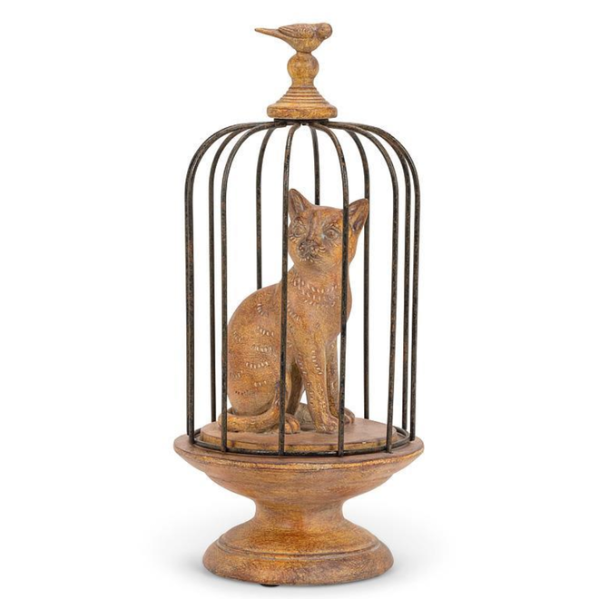 Cat in Birdcage Resin Figure - 12"