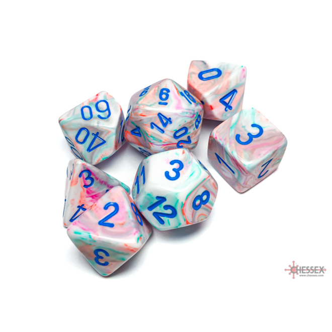 Chessex 7 Die Set - Festive: Pop Art w/ Blue Writing - Blacklight Reactive