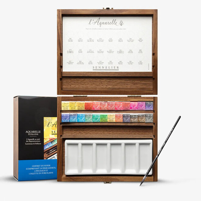 Sennelier French Artists' Watercolour Set 24 Colour Half Pan Wood Set