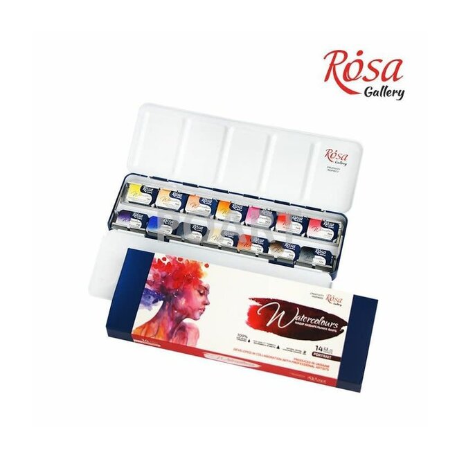 Set Of Watercolor Paints "Portrait" Rosa Gallery, Metal Case, 14 Colors, Pans