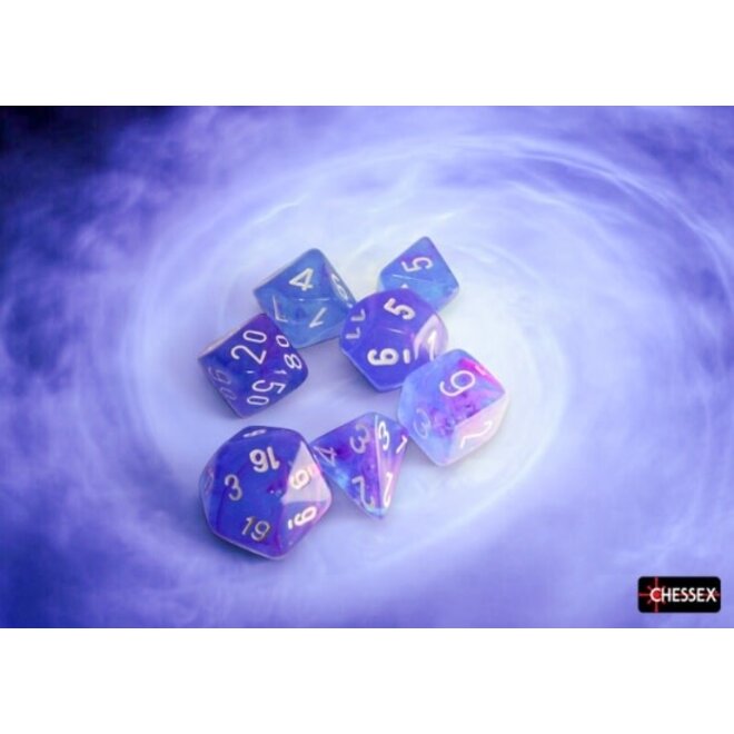 Chessex 7 Dice Set - Nebula: Aura w/ White Writing - Luminary: Glow In the Dark