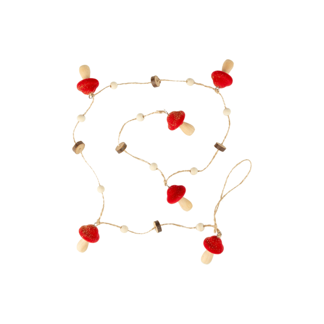 Silver Tree - Wood Mushroom Garland With Red Flock Cap - 35"