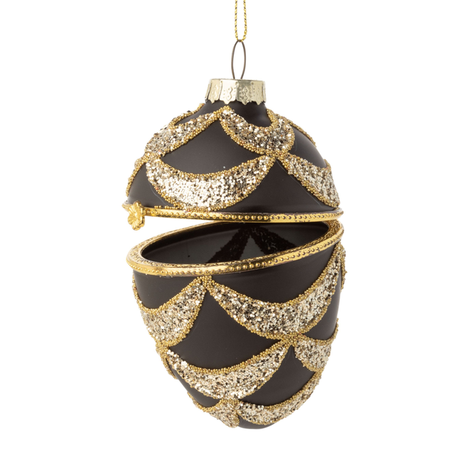 Silver Tree -  Matte Black Glass Egg Trinket Holder With Gold And Silver Decals - 80mm/3.5in