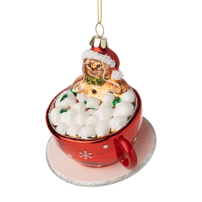 Silver Tree - Glass Cup And Hot Chocolate Ornament With Glass Gingerbread Man - 3.25"