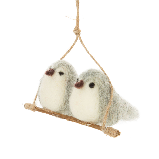 Silver Tree - Felt Bird Couple On Swing Ornament - 4.35"