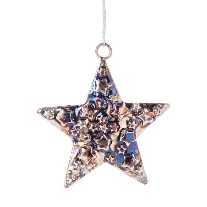 Silver Tree - Midnight Blue Glaze Finish Embossed Metal Star Ornament  With Mini Star Pattern - 3"