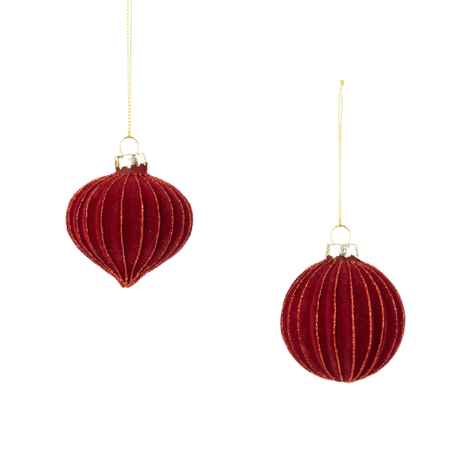 Silver Tree - Red Glass Ball Ornament WIth Ridged Red Flock - 60mmx2.5"