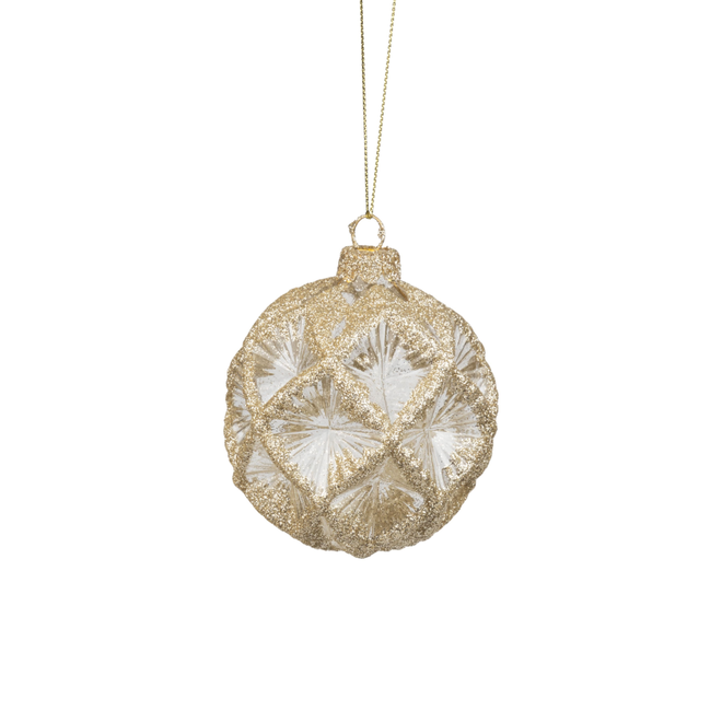 Silver Tree - Molded Clear Glass Ball Ornament With Pale Gold Glitter Ridges - 80mm/3"