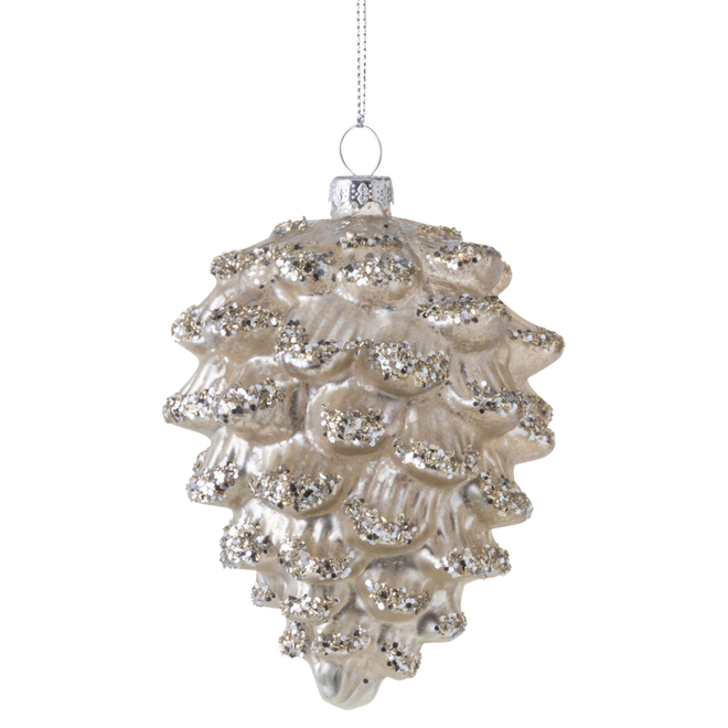 Silver Tree - Matte Pale Antique Silver Molded Glass Pine Cone With Glitter Tips - 4.5"