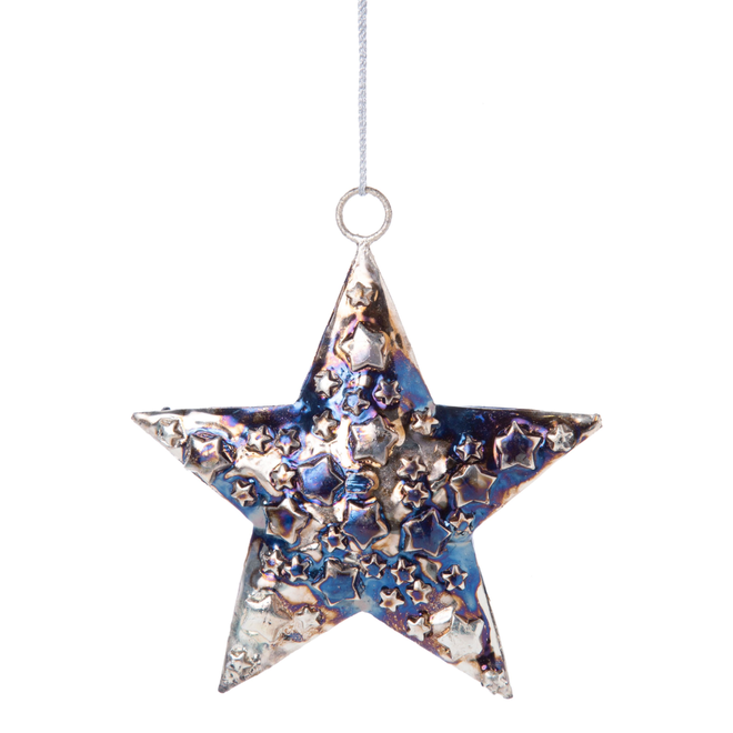 Silver Tree - Midnight Blue Glaze Finish Embossed Metal Star Ornament  With Mini Star Pattern - 4"