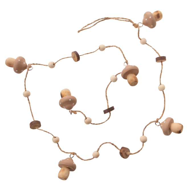 Silver Tree  - Garland With Wood Mushrooms - Tan Painted Tops With Beads - 39"