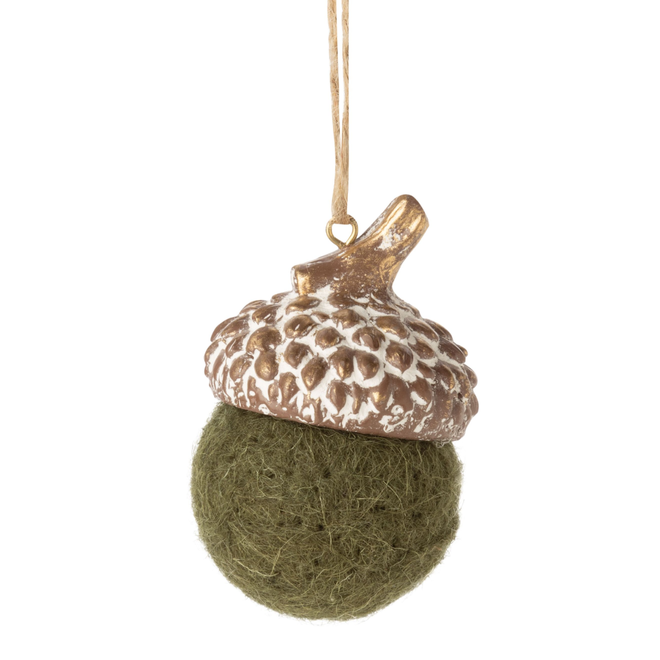 Silver Tree - Dark Green Wool Acorn With Molded Resin Top With White Wash Finish - 2.75"