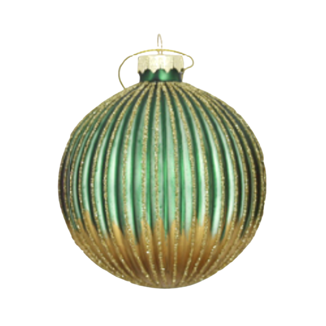 Silver Tree - Light Green Fluted Glass Ball Ornament With Matte Gold Bottom And Glitter Bands - 80mm/3"
