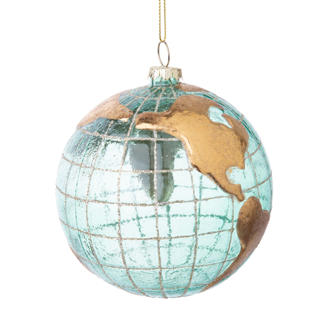 Silver Tree - Translucent Green Glass Globe Ornament With Matte Gold Continents - 4"