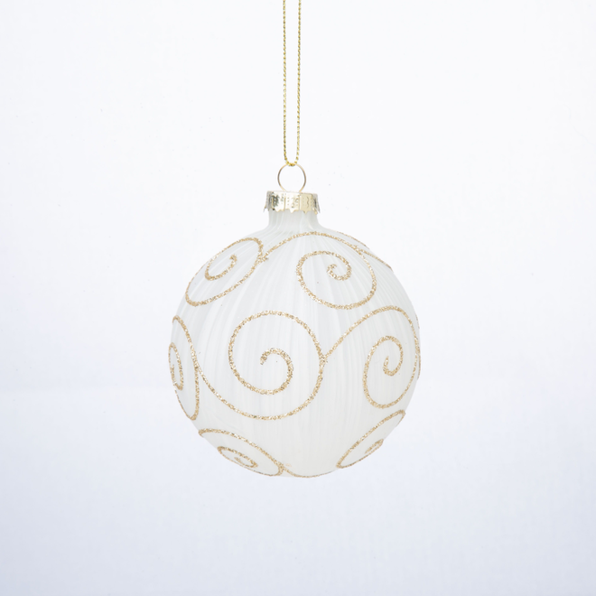 Silver Tree - Matte White Translucent Glass Ball Ornament With Gold Glitter Swirl - 3"