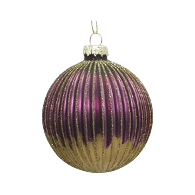 Silver Tree - Purple Fluted Glass Ball Ornament With Matte Gold Bottom And Glitter Bands - 80mm/3"