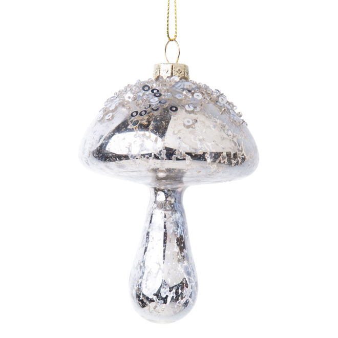 Silver Tree - Pale Shiny Silver Blown Glass Mushroom Ornament With Bead And Glitter Top - 4"