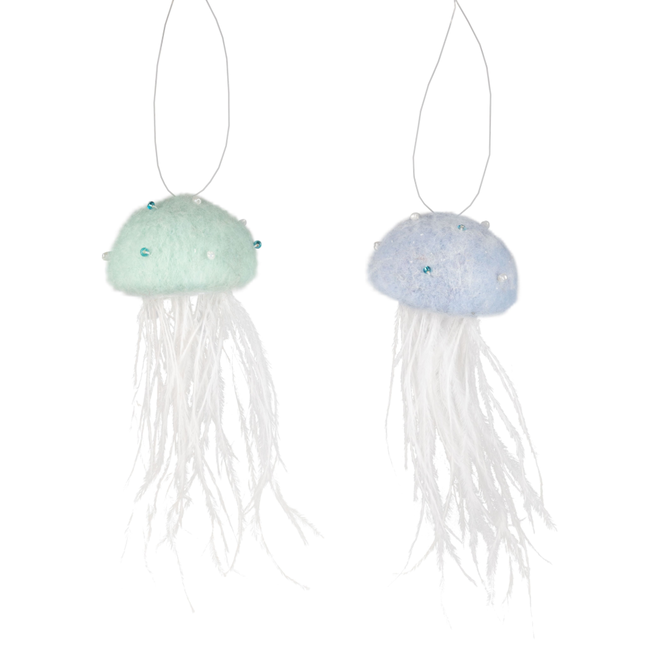 Silver Tree - Pale Blue Or Pale Green Felt Jellyfish With Thin White Feather - 6" - Ships Assorted
