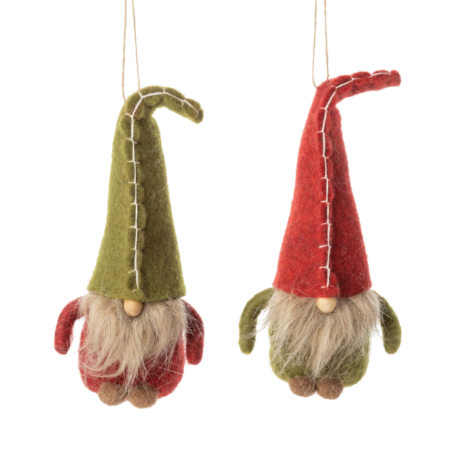 Silver Tree - Red And Green Felt Gnome Ornament With Plush Beard And Stitched Hat - 5.5" - Ships Assorted