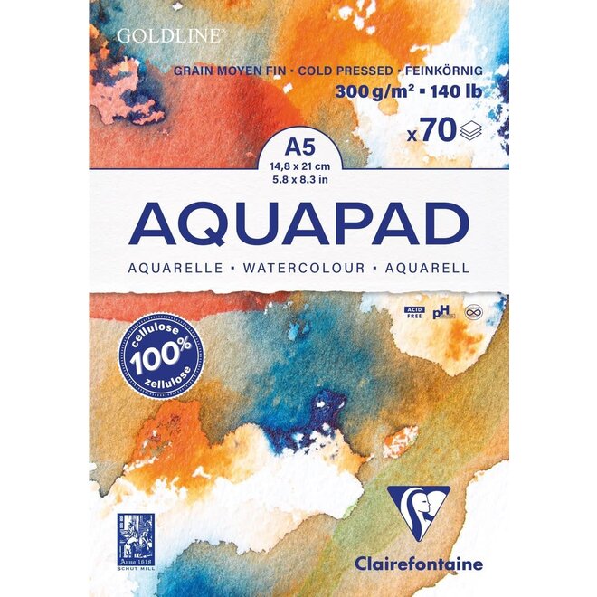 Clairefontaine Goldline A5 Aquapad Watercolour Paper - 140lbs - 5.8"x8.3" - 50 Sheets
