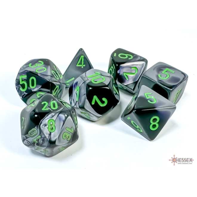 Chessex 7pc Polyhedral Dice Set - Gemini: Black & Grey w/ Green Writing