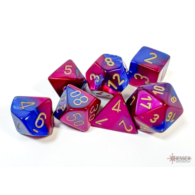 Chessex 7pc Polyhedral Dice Set - Gemini: Blue & Purple w/ Gold Writing