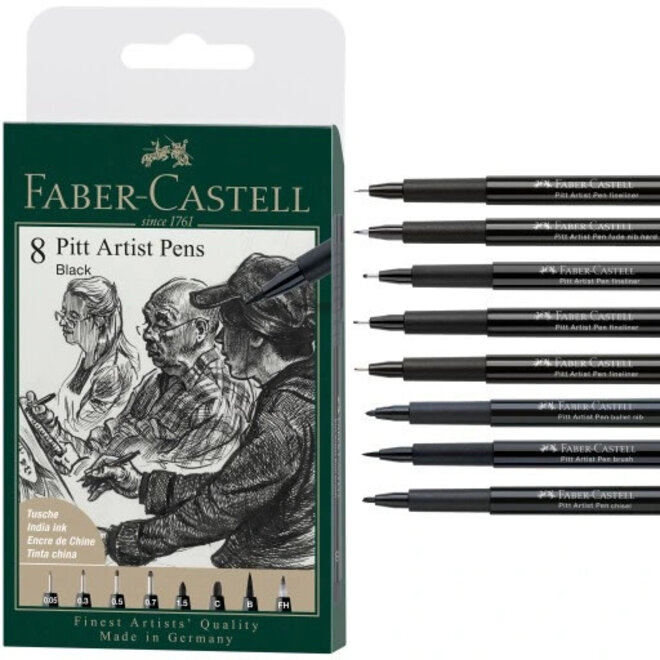 Faber Castell Pitt Pen Black Wallet - 8 Assorted Nibs