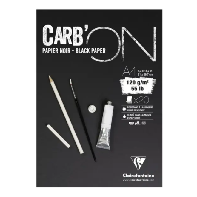 Clairefontaine Carb'ON Black Paper Pad - A4 8.3x11.7", 55lb, 20 Sheets