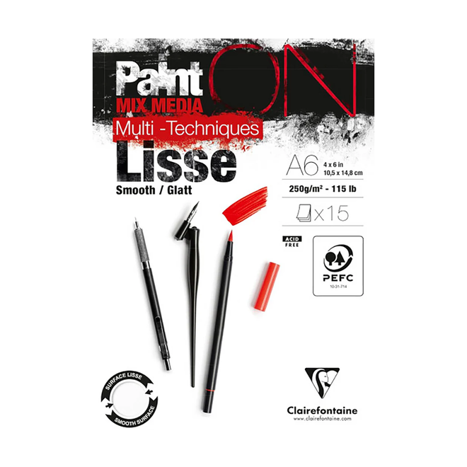Clairefontaine Paint'ON Mix Media Pad - A6 4x6", 250g / 115lb - 15 Sheets, Smooth White
