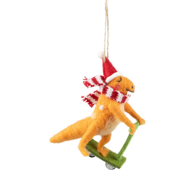 Christmas Ornament - Felt Orange Dinosaur w/ Santa Hat & Scooter