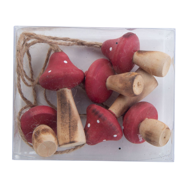 Christmas Ornament - Wooden Mushrooms, Red - Set of 6