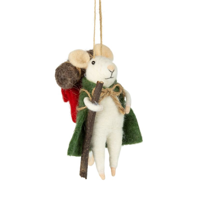 Christmas Ornament - Felted Hiking Mouse w/ Backpack & Walking Stick