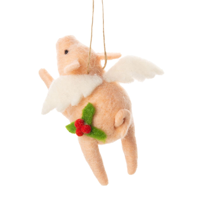 Christmas Ornament - Felt Flying Pig w/ Holly Trim