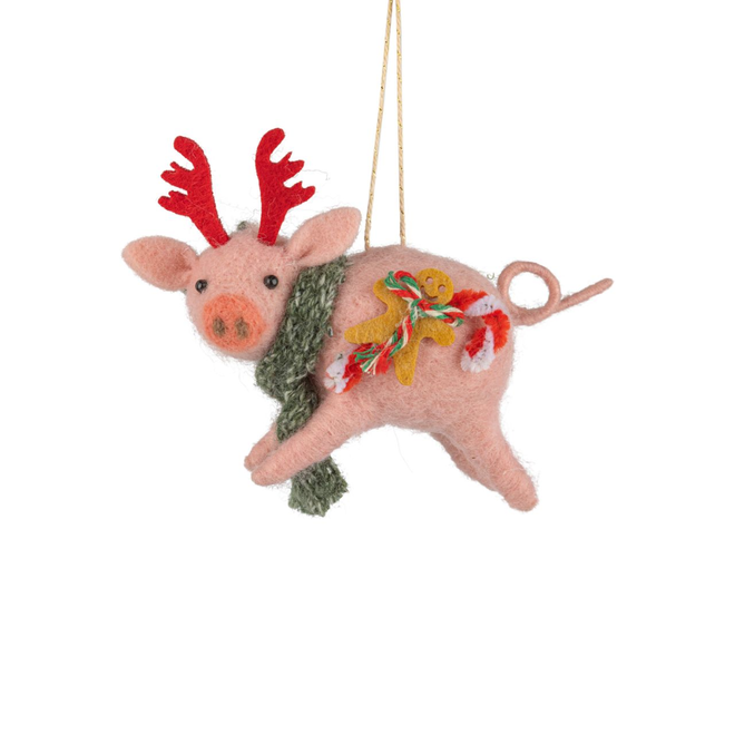 Christmas Ornament - Felt Pig w/ Antlers
