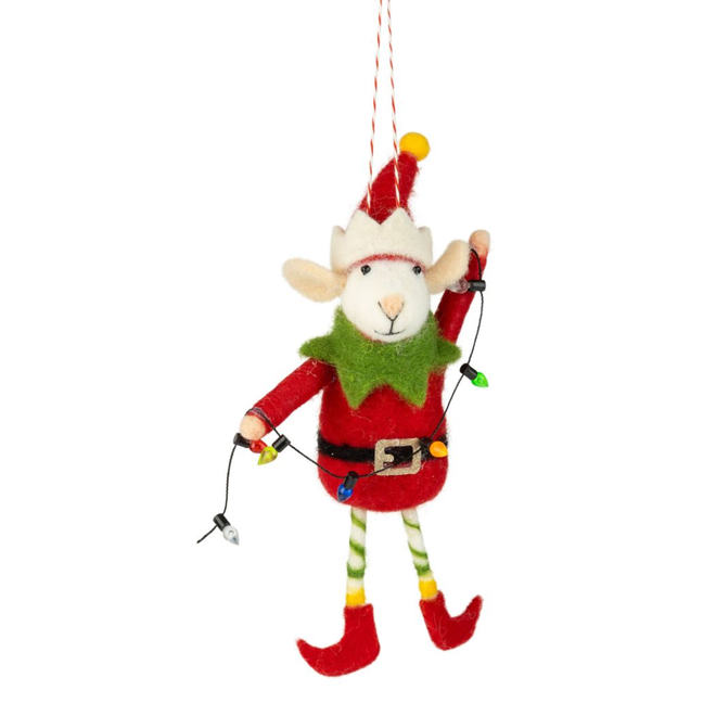 Christmas Ornament - Felt Elf Mouse w/ String Lights or Gift, Assorted