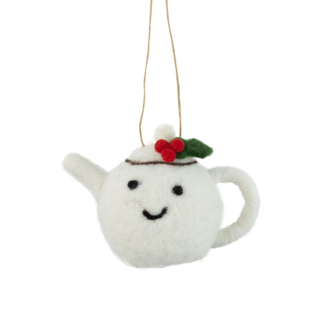 Christmas Ornament - White Felt Teapot Character w/ Holly Trim