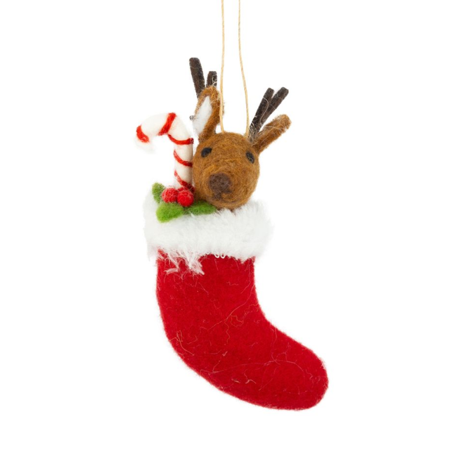 Christmas Ornament - Felt Reindeer in Stocking w/ Candy Cane