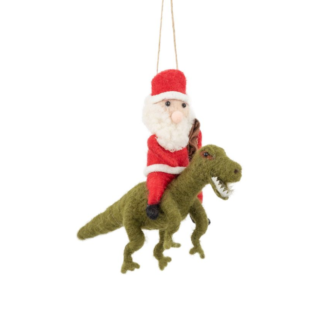 Christmas Ornament - Felt Santa Riding a Dinosaur