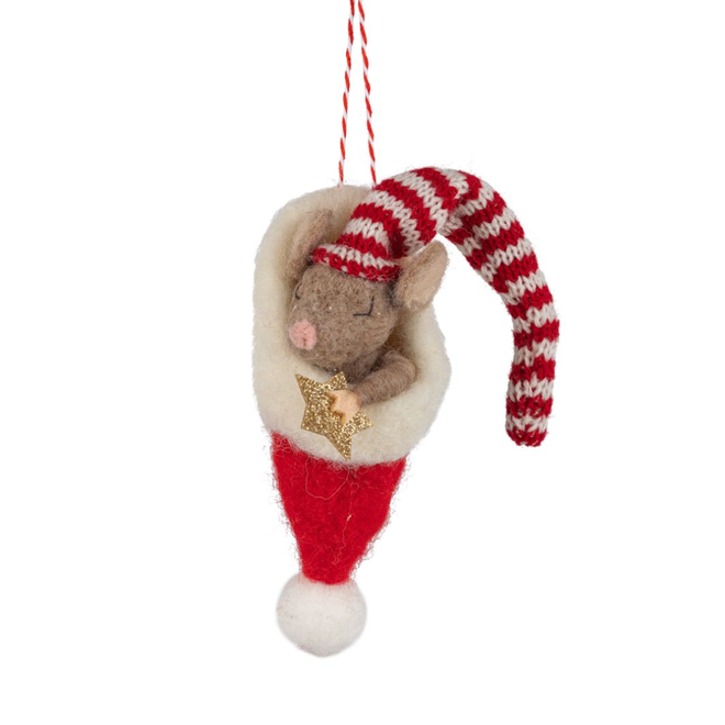Christmas Ornament - Felt Sleeping Mouse in Santa Hat