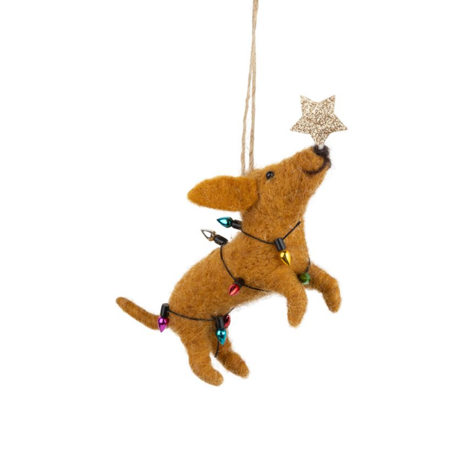 Christmas Ornament - Felt Tan Dog w/ String Lights & Star