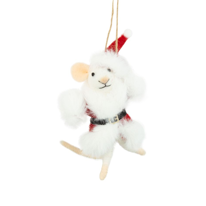 Christmas Ornament - Felt Mouse in Santa Coat w/ Fluffy Trim