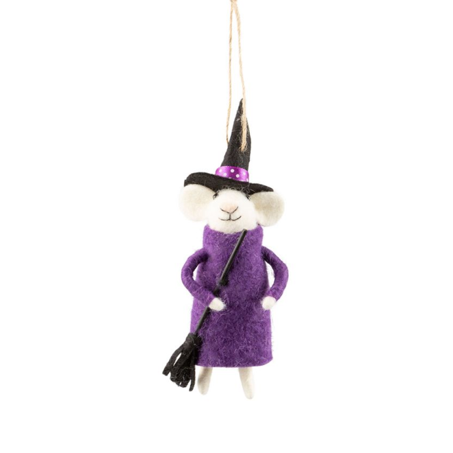 Christmas Ornament - White Felt Mouse in Witch Costume