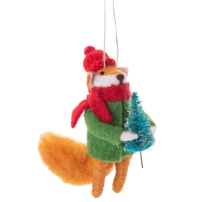 Christmas Ornament - Felt Fox w/ Tree, Knit Hat, & Scarf