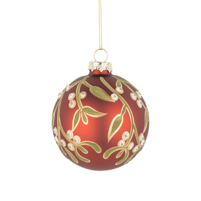 Christmas Ornament - Glass Ball, Cherry Red w/ Mistletoe Design