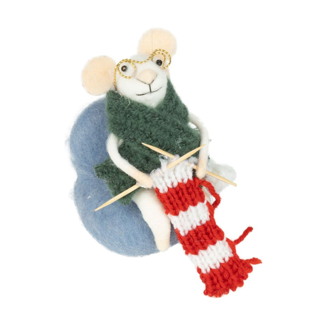 Christmas Ornament - Felt Mouse in Blue Chair, Knitting